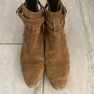 YSL tan booties with gold hardware. Seen on Kendall Jenner.